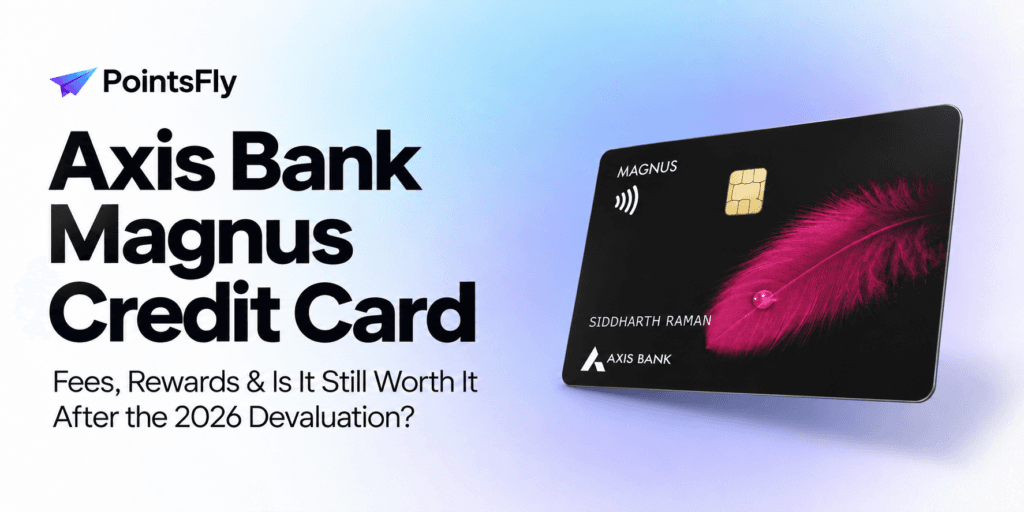 Axis Bank Magnus Credit Card with a pink feather design on a Pointsfly gradient background, headline Fees, Rewards and Is It Still Worth It After the 2026 Devaluation