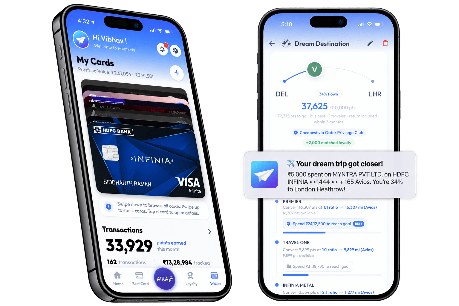 The PointsFly app showing the HDFC Infinia card and a dream trip goal