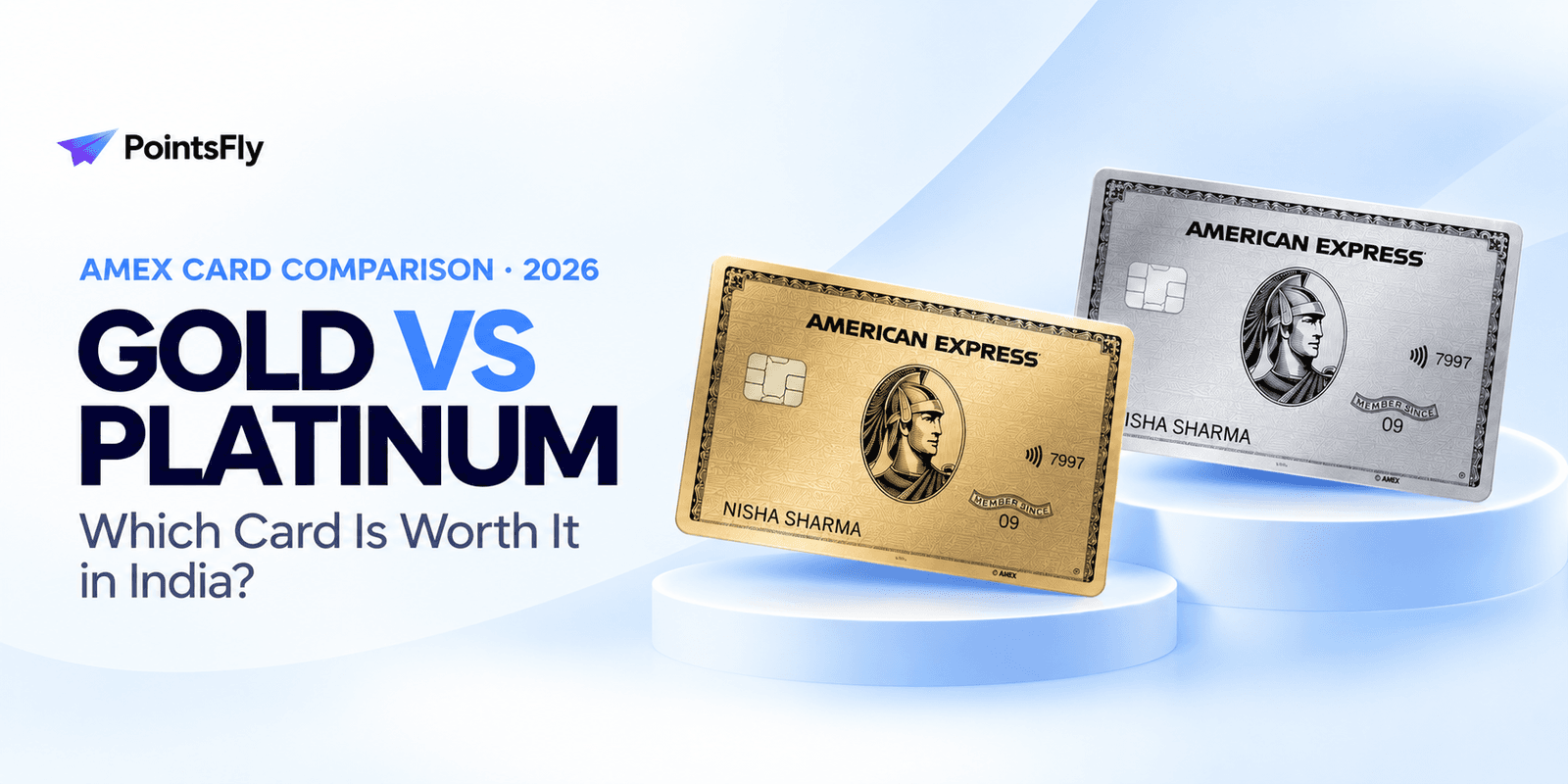 Amex Gold vs Platinum 2026: which card is worth it in India, Amex Gold and Platinum cards side by side on a PointsFly banner