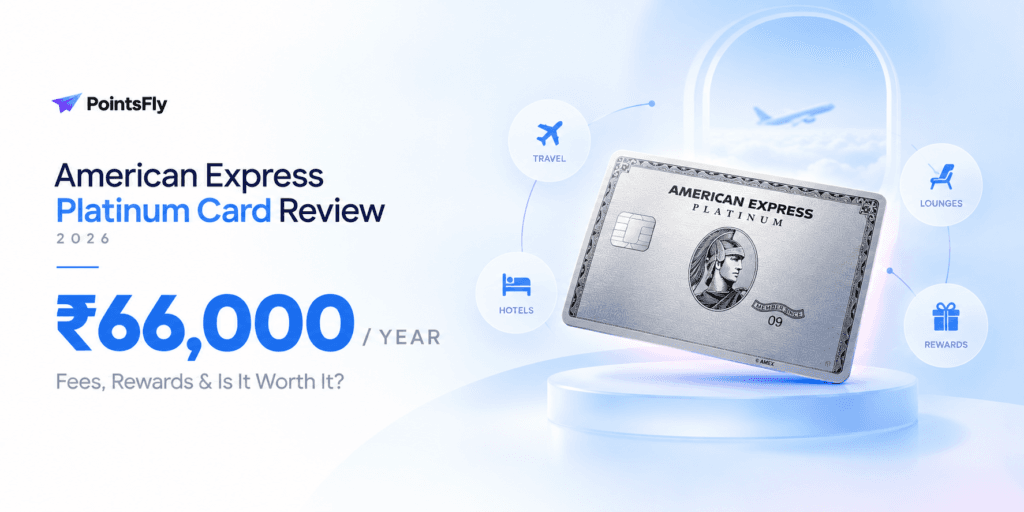 American Express Platinum Card on a PointsFly blue gradient background with travel, hotels, lounges and rewards icons, headline ₹66,000 per year: Fees, Rewards and Is It Worth It?