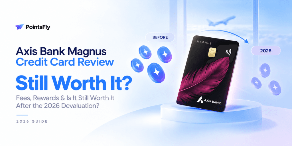 Axis Bank Magnus credit card on a PointsFly gradient background with the headline Axis Bank Magnus Credit Card Review: Still Worth It After the 2026 Devaluation