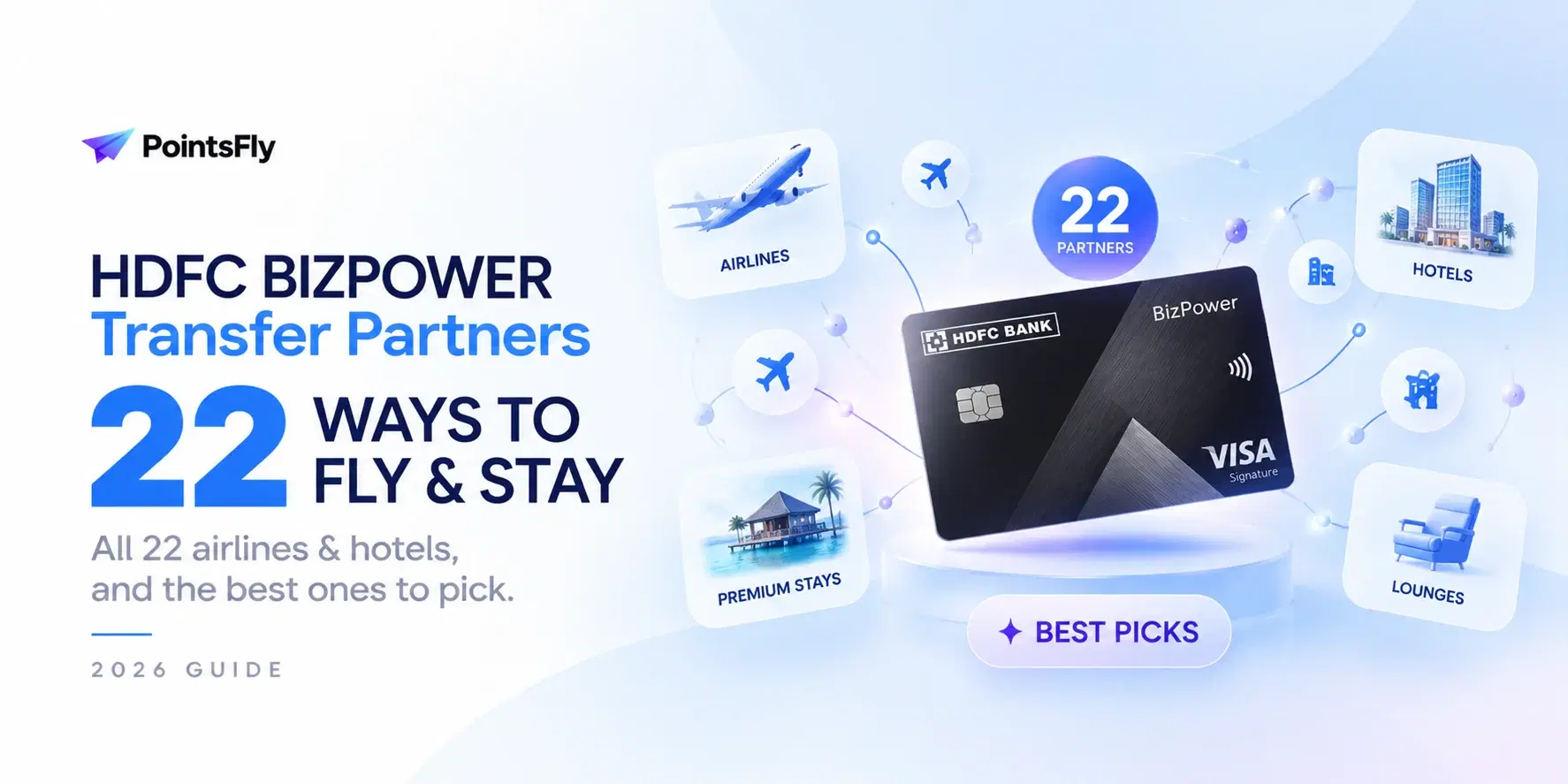 HDFC BizPower transfer partners: 22 airlines and hotels, and the best ones to pick, with the HDFC BizPower card on a PointsFly banner