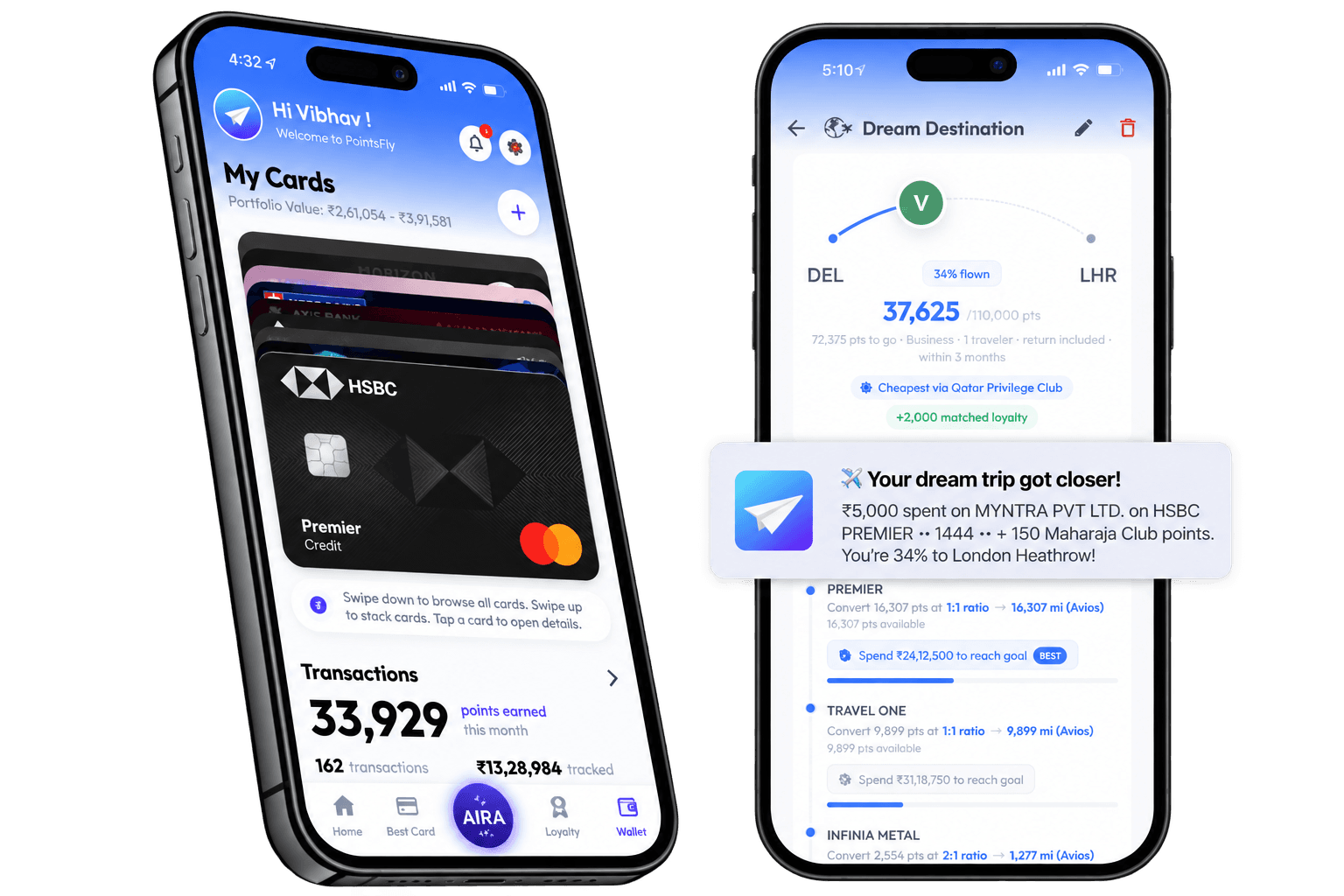 The PointsFly app showing the HSBC Premier card and a dream trip goal