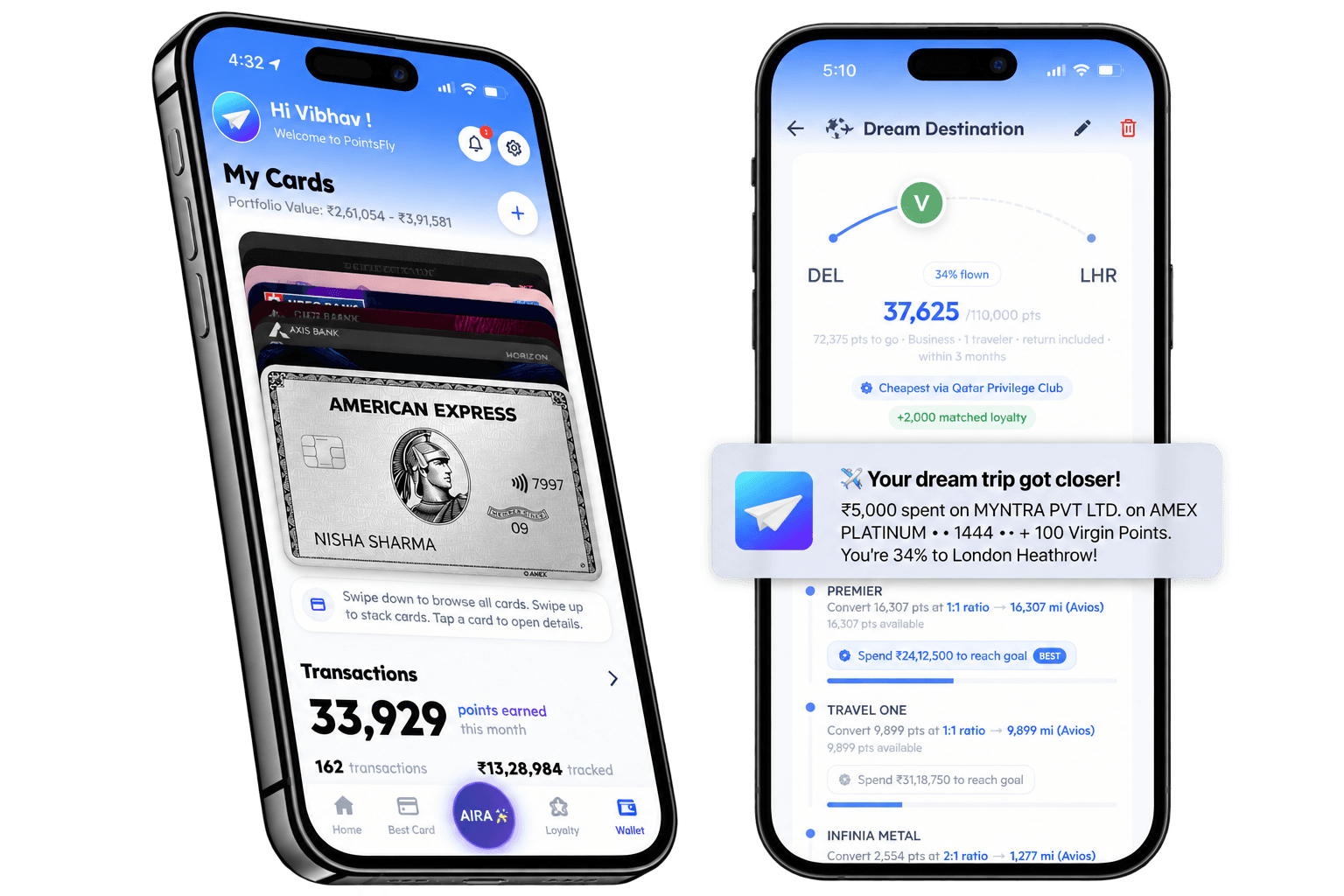 The PointsFly app showing an Amex Platinum card in My Cards and a dream trip alert for Virgin Points earned on Amex Platinum