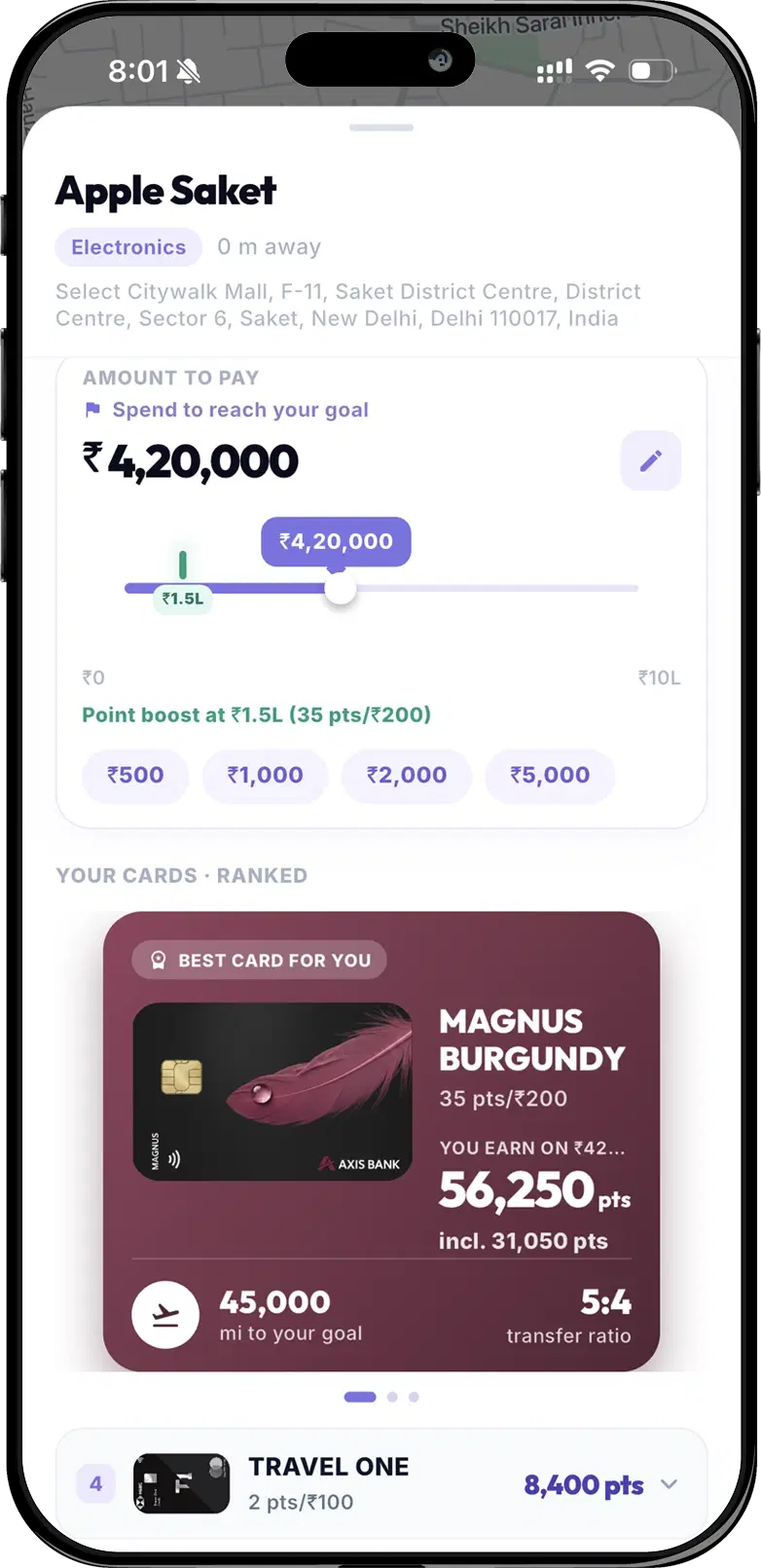 PointsFly best-card recommendation screen