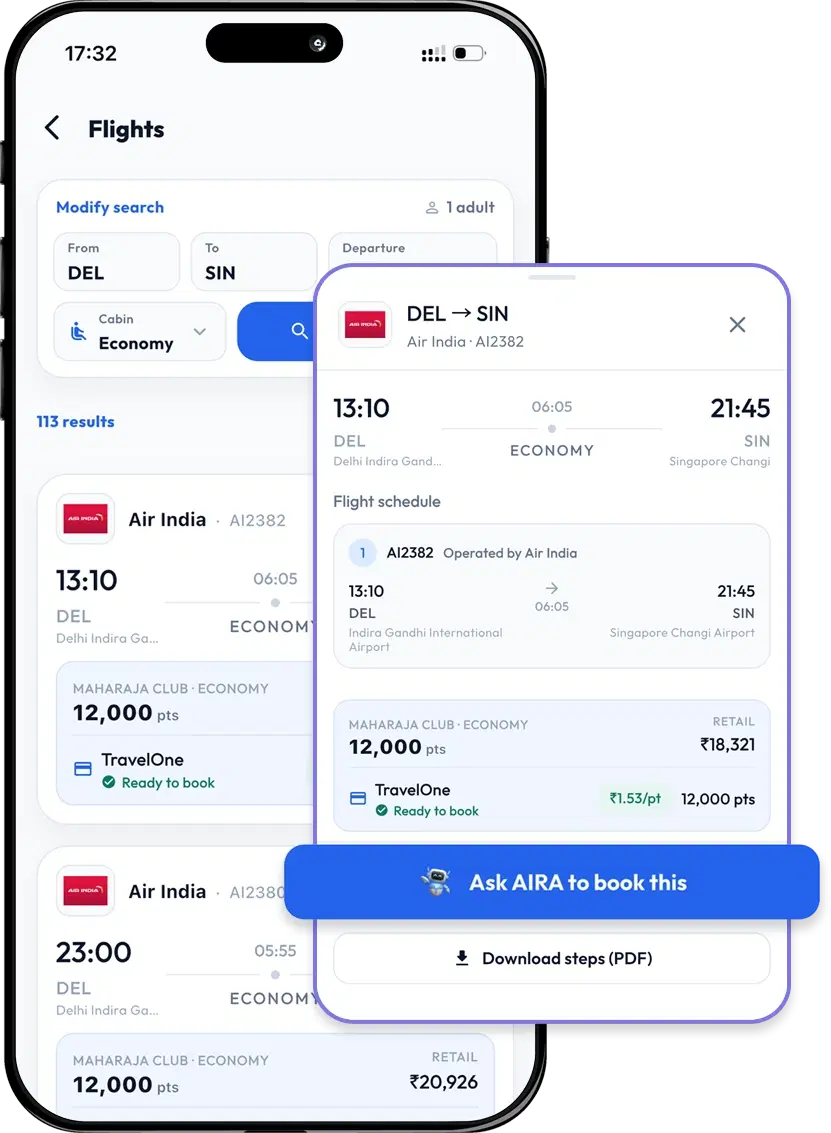 PointsFly flight booking screen showing cash and points prices