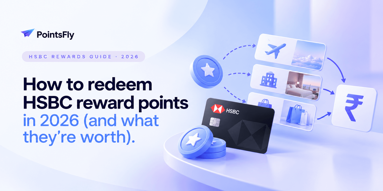 How to redeem HSBC reward points in 2026 and what they are worth: points flowing to flights, hotels, shopping and rupee value on a PointsFly banner